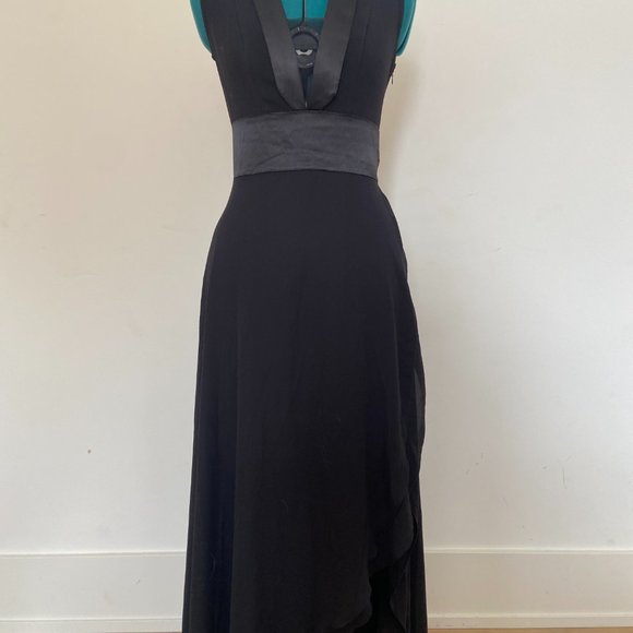 Black Tuxedo High Low Chiffon Dress with Slit & Sheer Plunging Neckline - Picture 2 of 11